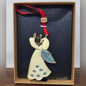 Monet Angel Harp Pendant Christmas Ornament White Enamel Blue Rhinestone New IOB